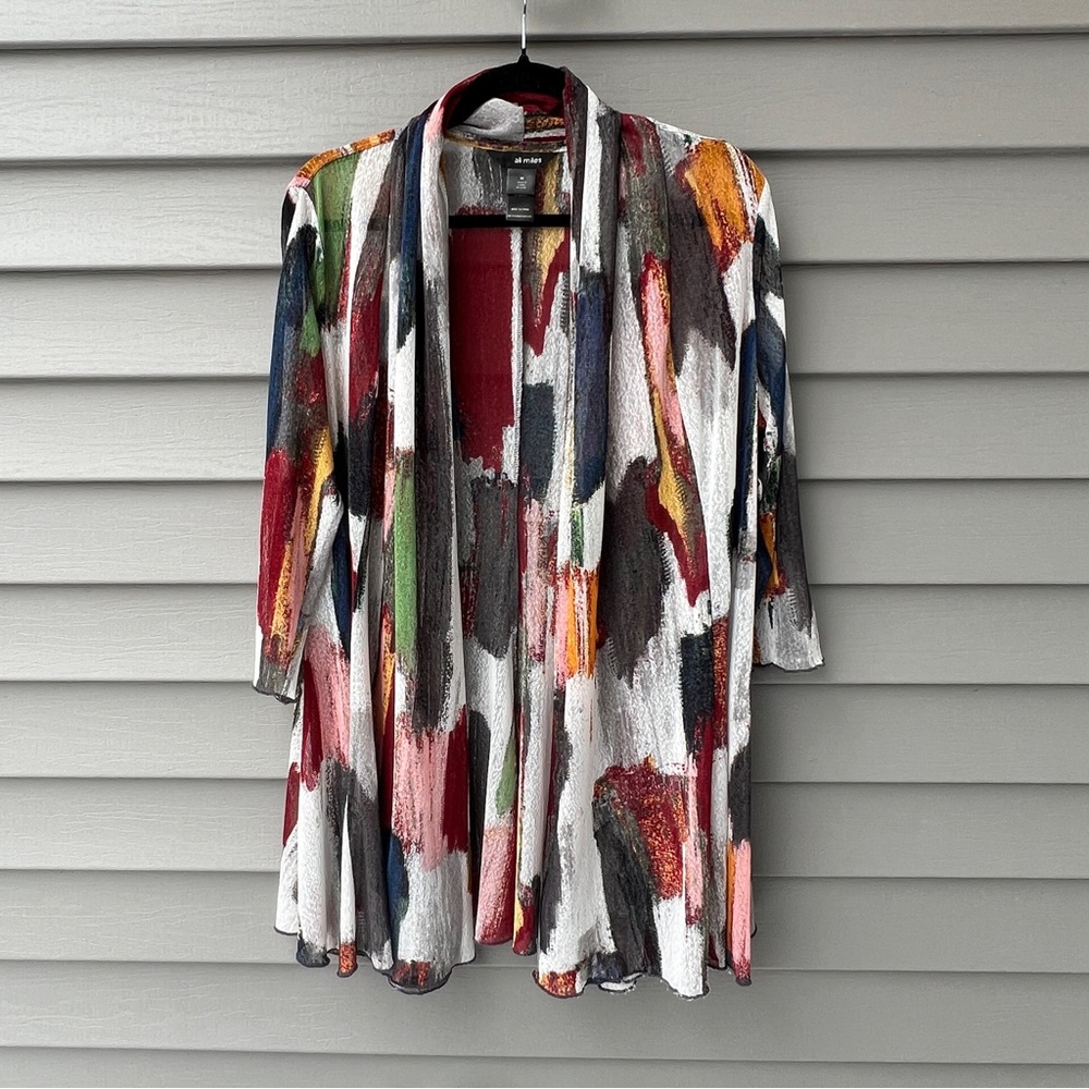 Ali Miles Watercolor Print Cardigan Women’s M Multicolor Lightweight Mesh